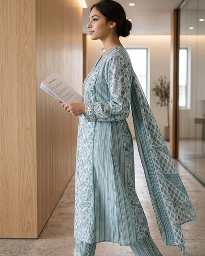 A woman in a light blue and white printed three-piece outfit consisting of a printed long kurta, matching trousers, and a draped dupatta with intricate patterns.
