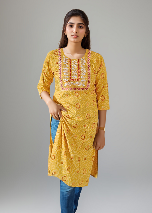 ETHNIC YELLOW BANDHANI EMBROIDERED KURTI
