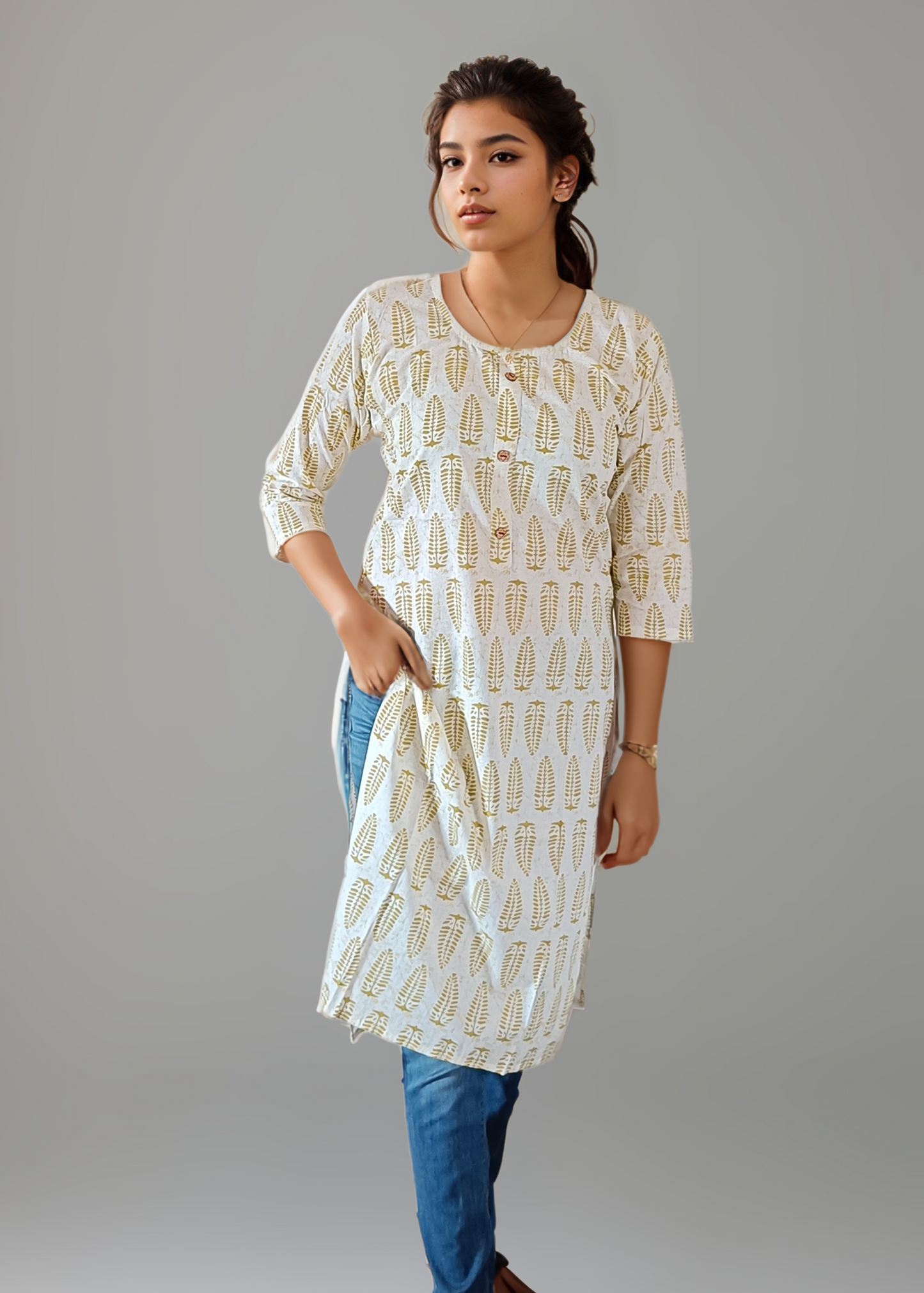 WHITE HAND BLOCK STRAIGHT FIT COTTON KURTI