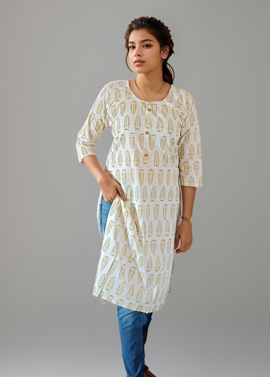 WHITE HAND BLOCK STRAIGHT FIT COTTON KURTI