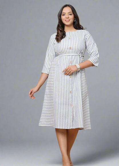 BLUE COTTON YARN DYED MATERNITY FEEDING DRESS