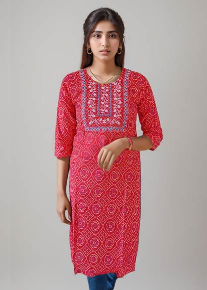 RICH RED BANDHANI EMBROIDERED KURTI