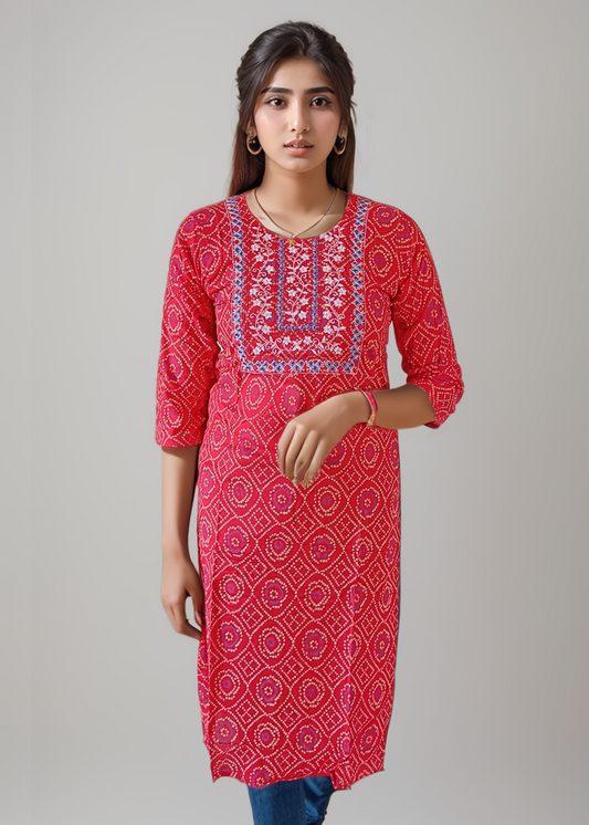 RICH RED BANDHANI EMBROIDERED KURTI
