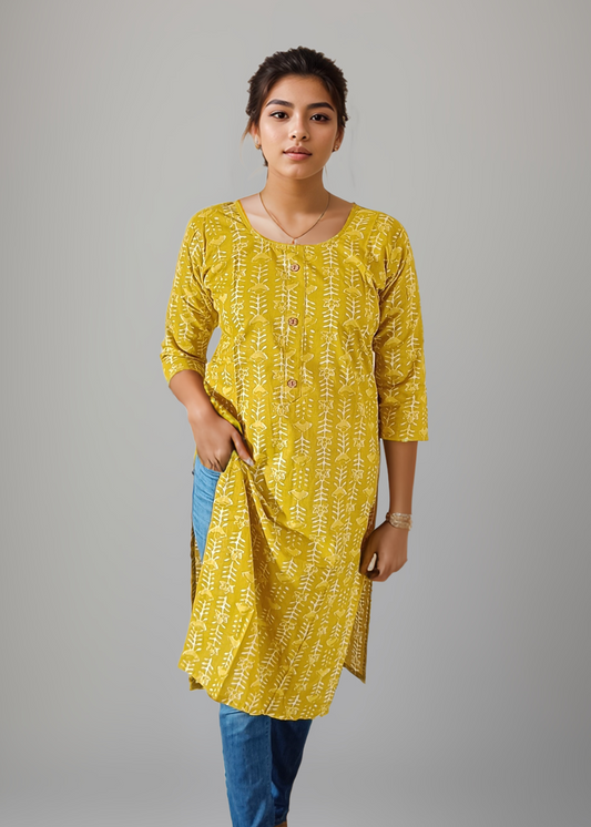 MUSTARD BATIK PRINT OFFICE WEAR KURTI