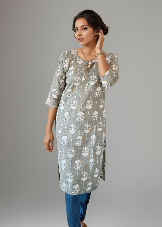 GREY TRADITIONAL COTTON KURTI WITH MODERN TOUCH