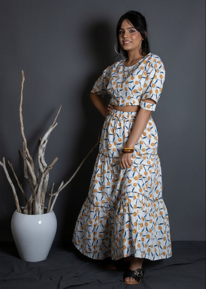 White floral handblock co-ord set including a crop top and skirt