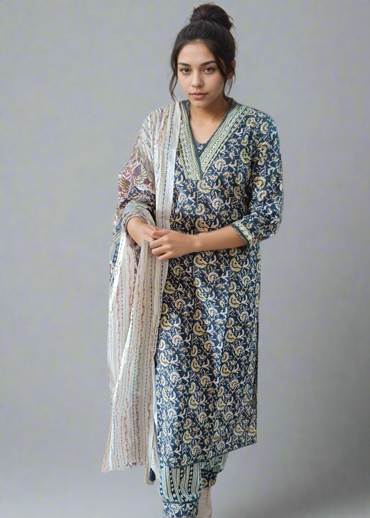 Woman wearing a blue floral kurta with a matching dupatta on a white background