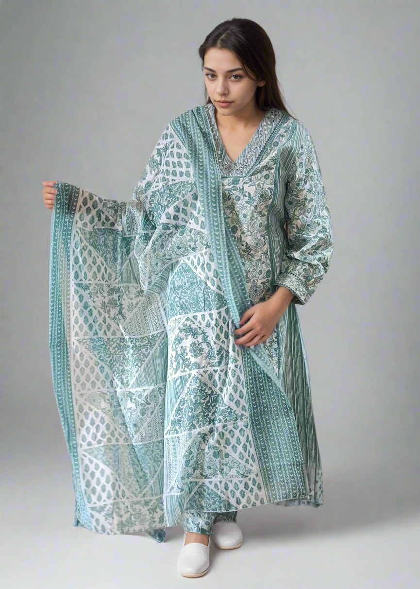 Woman wearing a light blue and white patterned suit set against a plain background