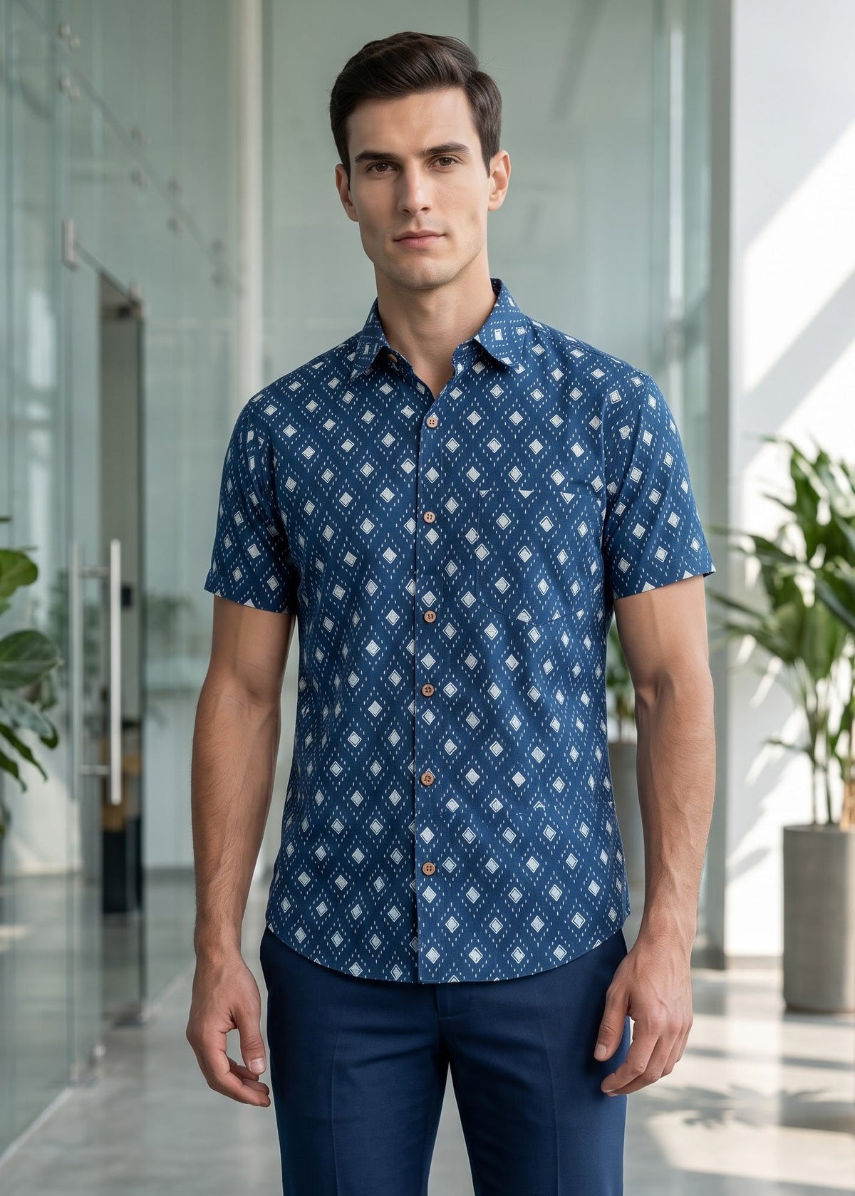 A man wearing a short-sleeve button-up shirt with a blue and white geometric pattern, paired with navy blue trousers, standing in a modern glass-walled office hallway.