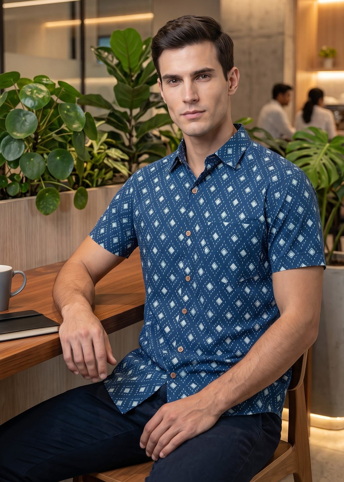 A man wearing a blue short-sleeve button-up shirt with a white geometric pattern, seated in a modern office.