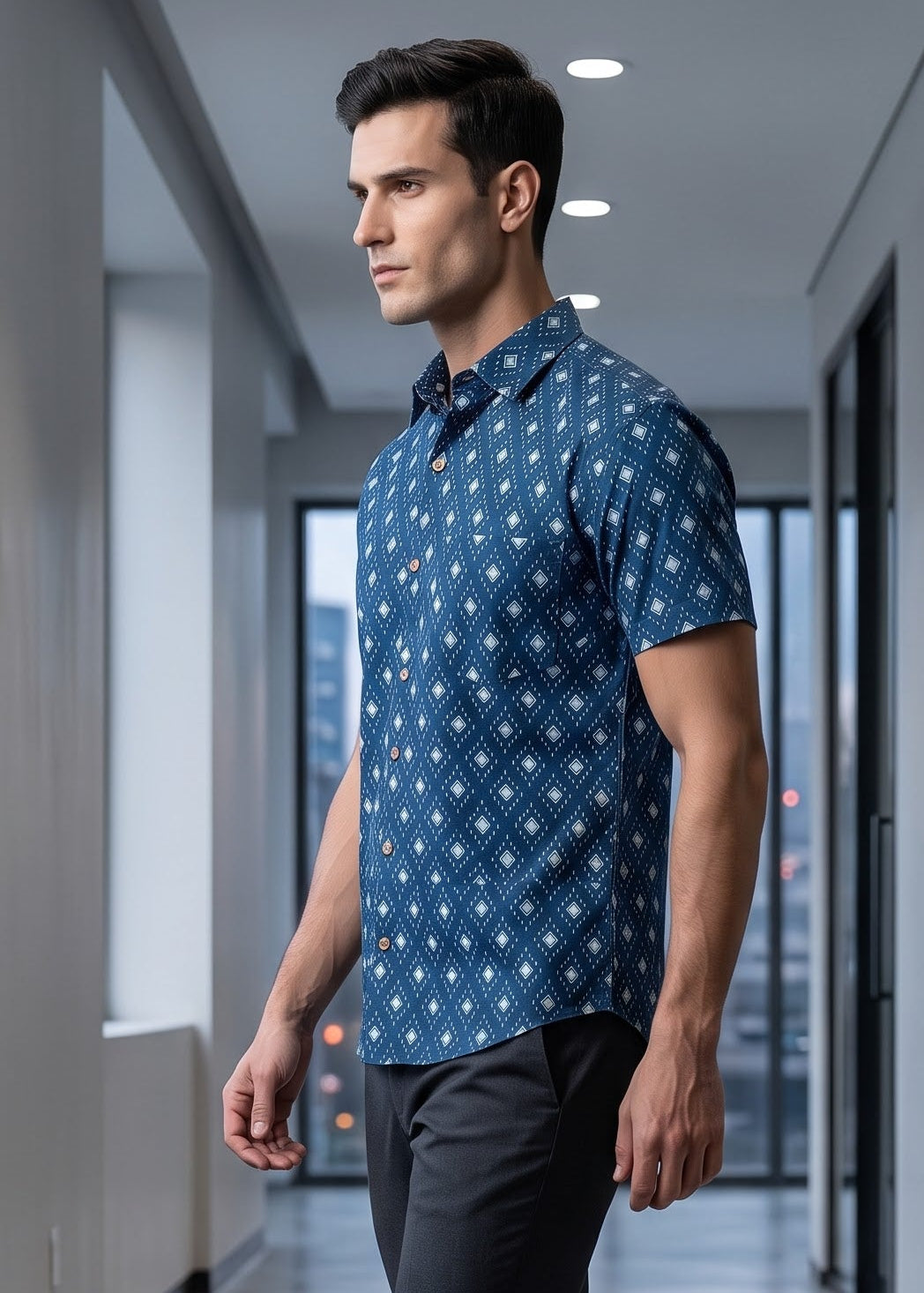 A man walking down a modern office hallway wearing a blue short-sleeve button-up shirt with a white geometric pattern, dark trousers.