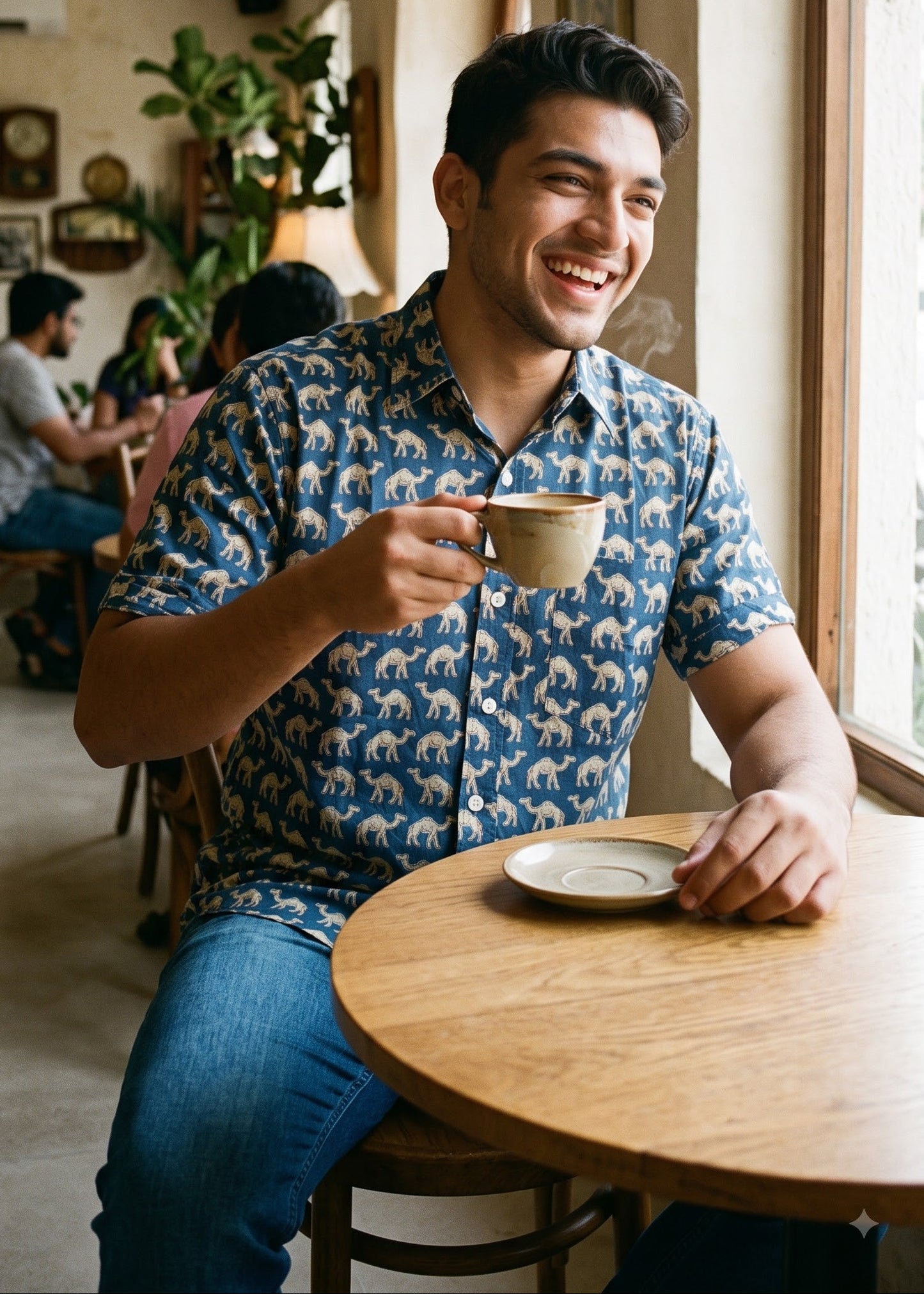 A man smiling in a cozy cafe setting, wearing a blue short-sleeve button-up shirt with a beige camel print pattern and blue jeans, holding a cup of coffee.