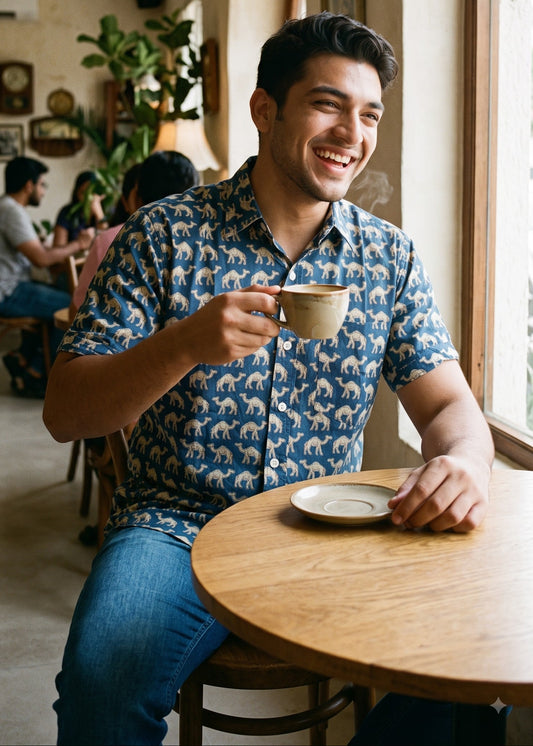 A man smiling in a cozy cafe setting, wearing a blue short-sleeve button-up shirt with a beige camel print pattern and blue jeans, holding a cup of coffee.
