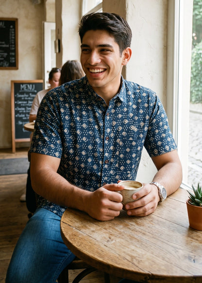 A man smiling while sitting at a wooden table in a cafe, wearing a blue short-sleeve button-up shirt with a white geometric pattern and blue jeans, holding a cup of coffee.