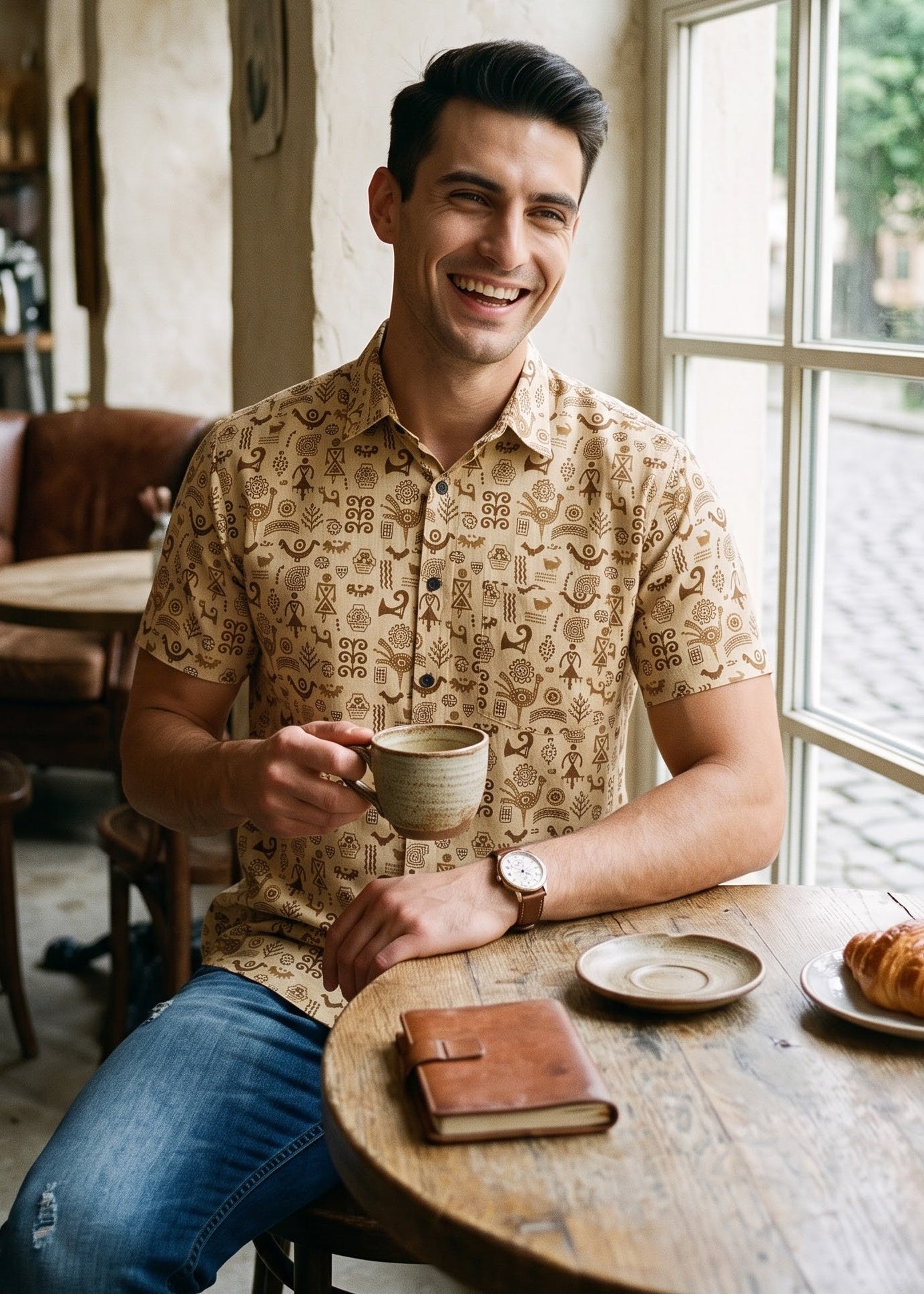 A smiling man in a patterned beige short-sleeve button-up shirt and blue jeans sits at a round wooden table in a cafe, holding a ceramic mug. A brown leather notebook and a croissant are on the table next to him.