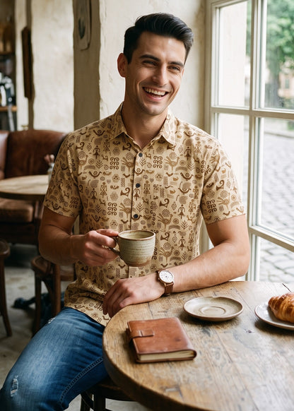 A smiling man in a patterned beige short-sleeve button-up shirt and blue jeans sits at a round wooden table in a cafe, holding a ceramic mug. A brown leather notebook and a croissant are on the table next to him.