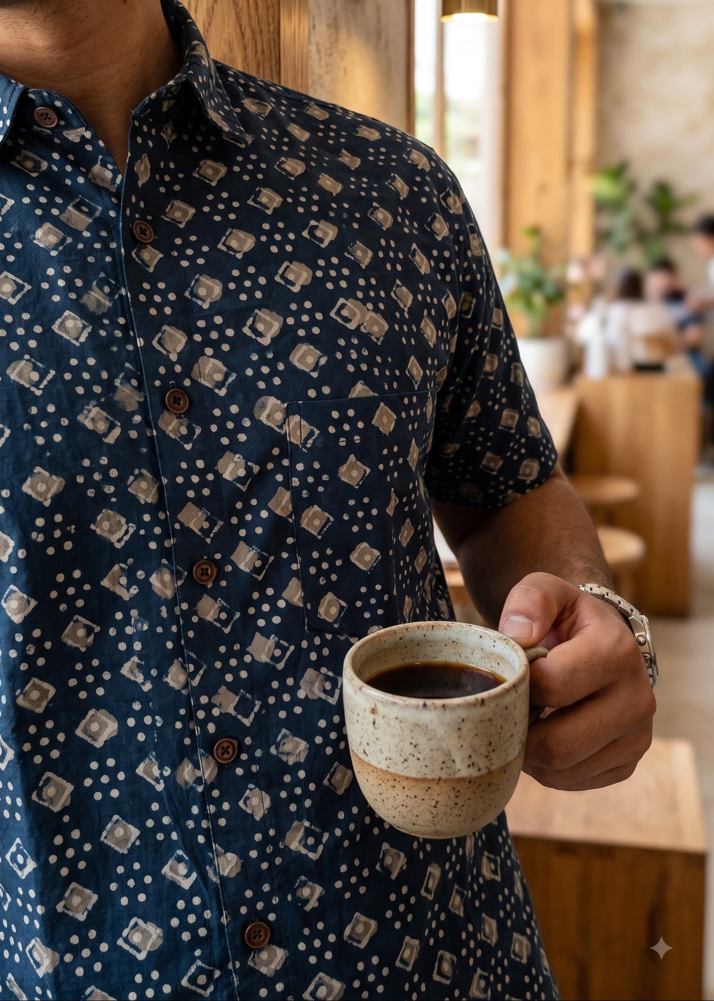 A man in a navy blue short-sleeve button-up shirt with a beige geometric pattern holds a ceramic coffee mug in a warm, wood-toned indoor setting.