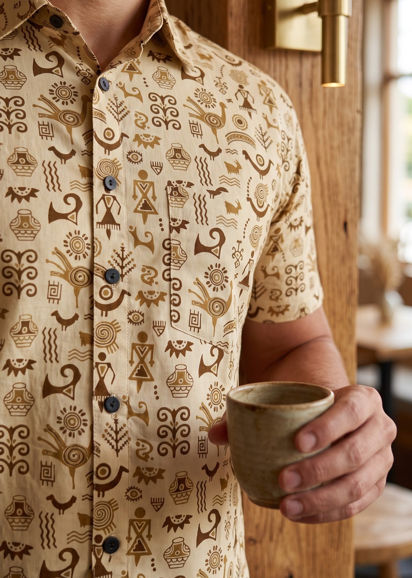 A man wearing a beige short-sleeve button-up shirt with a brown tribal-style pattern, holding a ceramic mug in front of a rustic wooden door.