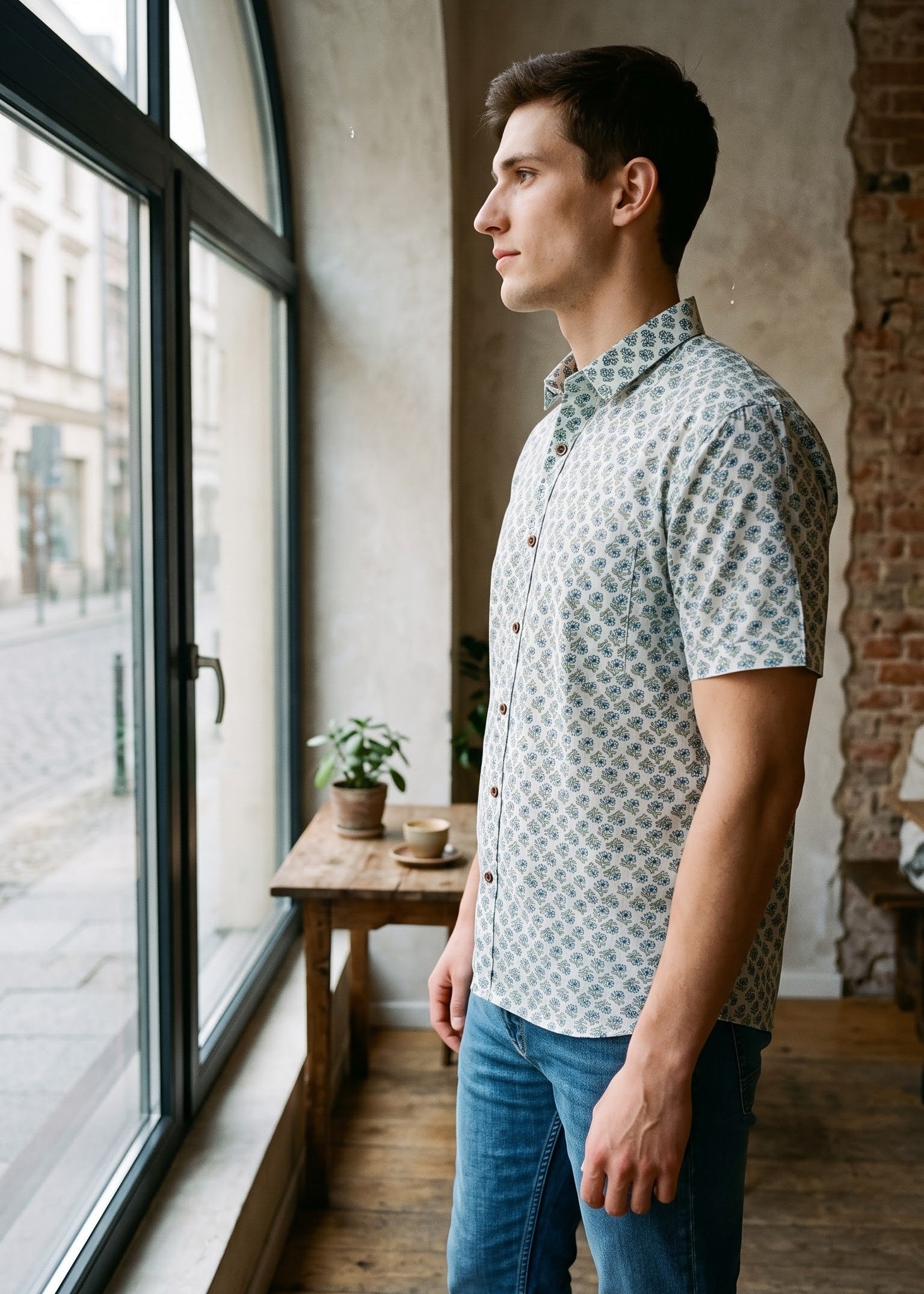 A man wearing a short-sleeve button-up shirt with a light blue and white floral pattern, paired with blue jeans, standing in profile by a large window in a rustic indoor setting.