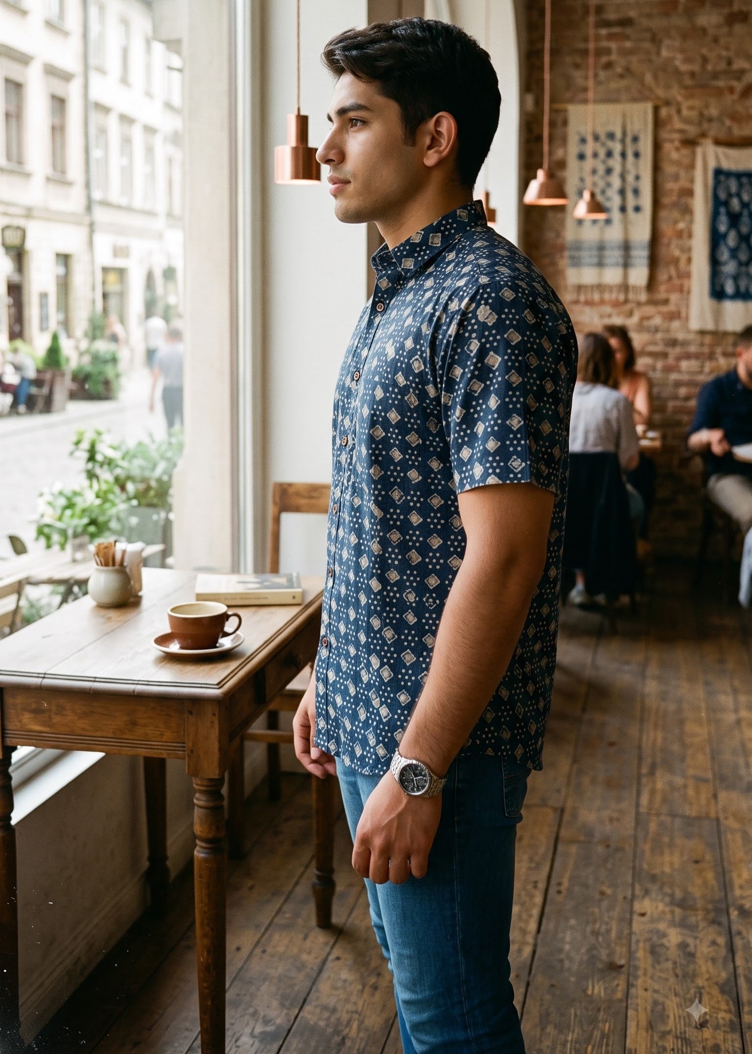 A man wearing a navy blue short-sleeve button-up shirt with a white geometric pattern stands in profile inside a rustic cafe, looking out a large arched window.