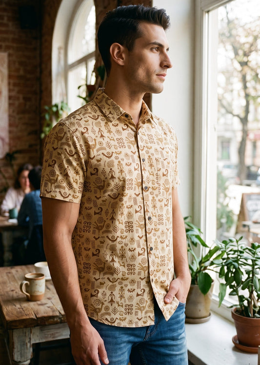 A man wearing a short-sleeve button-up shirt with a brown and beige patterned print, standing in a bright cafe next to a window.