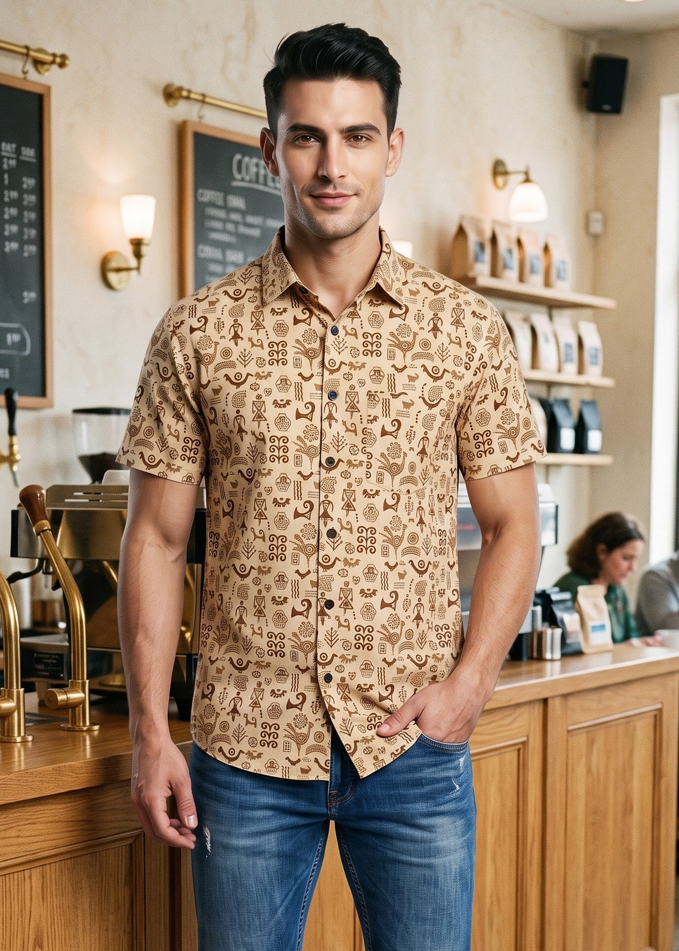 A man wearing a tan short-sleeve button-up shirt with a brown tribal pattern and blue jeans, standing in a cozy coffee shop environment.