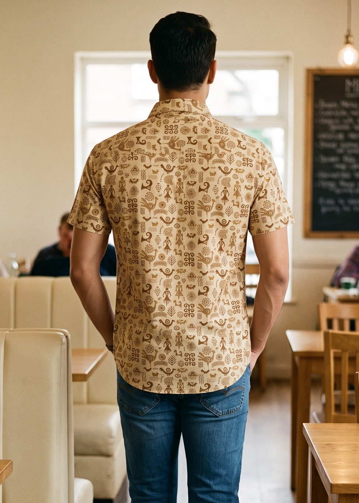 A man viewed from behind walking down a restaurant aisle, wearing a beige short-sleeve button-up shirt with a brown tibal pattern and blue jeans.