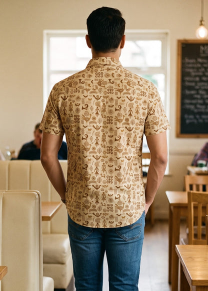 A man viewed from behind walking down a restaurant aisle, wearing a beige short-sleeve button-up shirt with a brown tibal pattern and blue jeans.