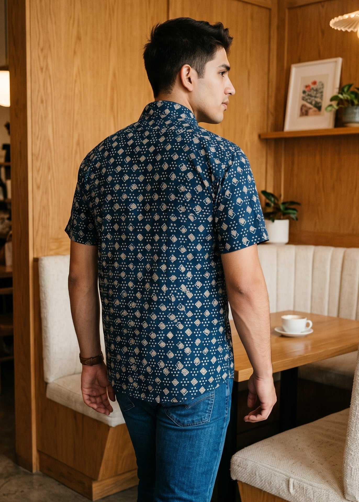 A man wearing a navy blue short-sleeve button-down shirt with a white geometric pattern and blue jeans, standing in a warm wood-paneled cafe booth.