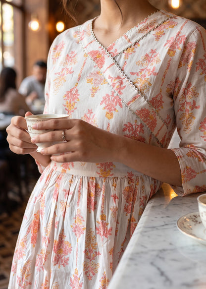 A woman in a cafe wearing a cream-colored wrap-style short kurti tunic with a pink and orange floral pattern, holding a white cup.