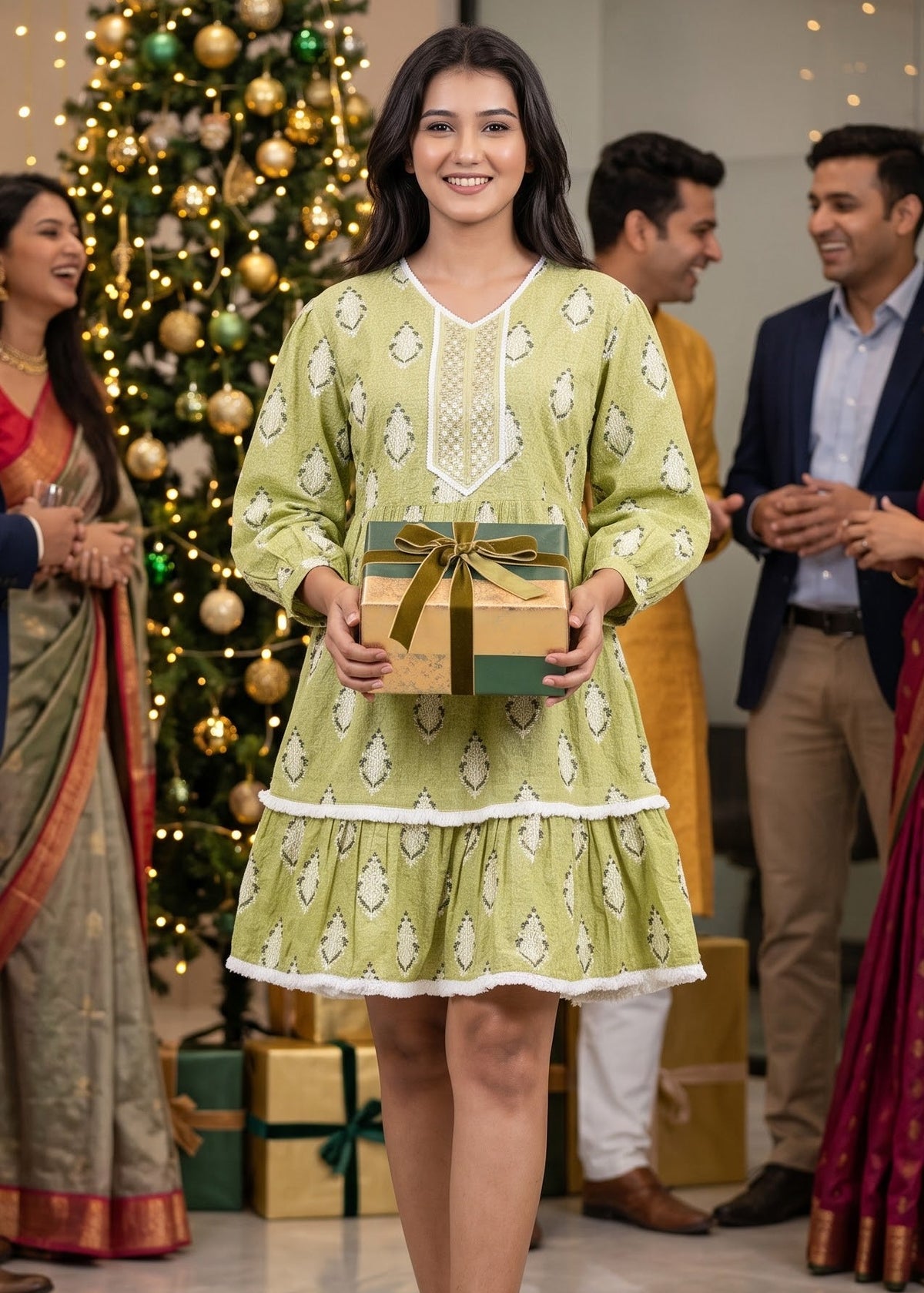 A woman stands in a festive indoor setting wearing a light green embroidered dress and holding a gift box, with a decorated Christmas tree and other people in the background.