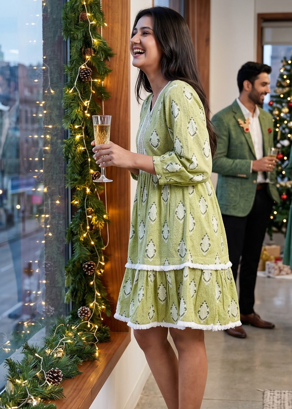 A woman in a light green printed tiered dress with white lace trim stands by a window decorated with holiday lights and greenery, holding a glass.