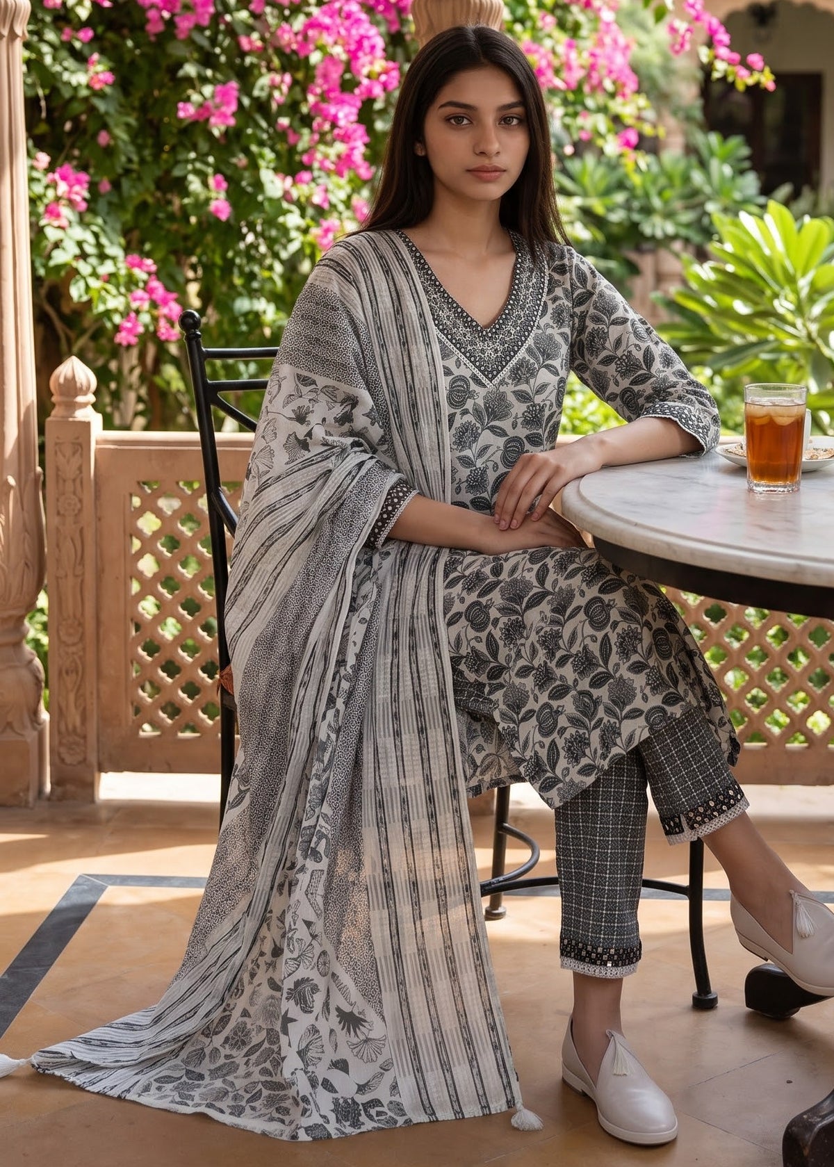 A woman models a traditional Indian kurta set salwar kameez suit in a courtyard setting. The outfit consists of a gray floral patterned kurta, matching trousers, and a striped floral dupatta.