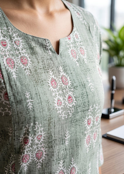A close-up of a woman wearing a sage green textured top with a split neckline and a white and pink floral block print pattern, set against an office background.