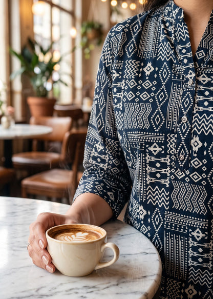 A woman in a cozy cafe setting wearing a black and white geometric patterned button-up short kurti tunic top, holding a cup of latte art on a marble table.