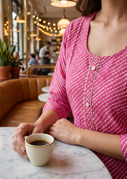 A woman in a pink and white lehriya patterned top sits at a cafe table holding a cup of coffee, with warm bokeh lights and a brown leather booth in the background.
