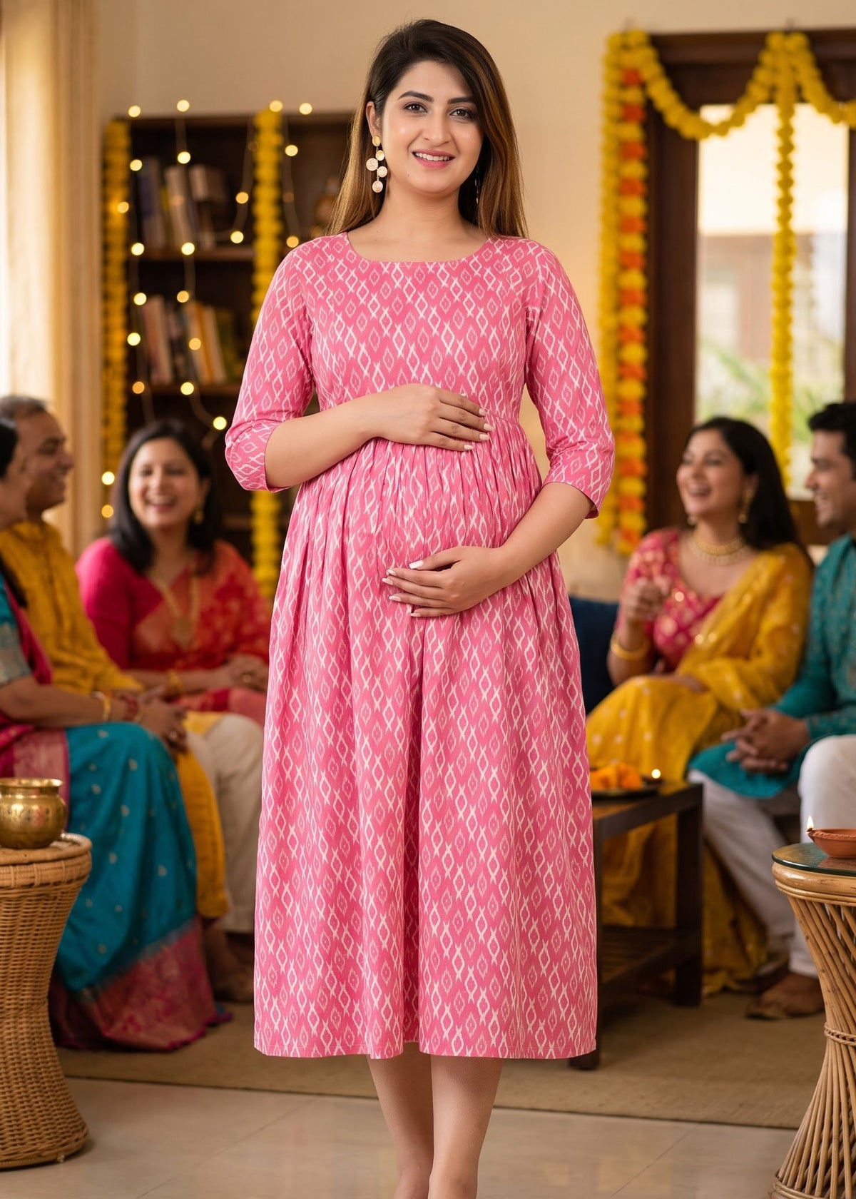 A pregnant woman stands in a decorated indoor room wearing a pink patterned maternity dress.