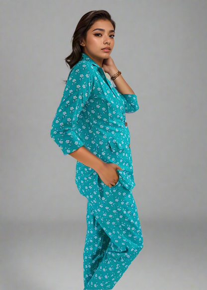 Woman wearing a teal patterned outfit on a plain background