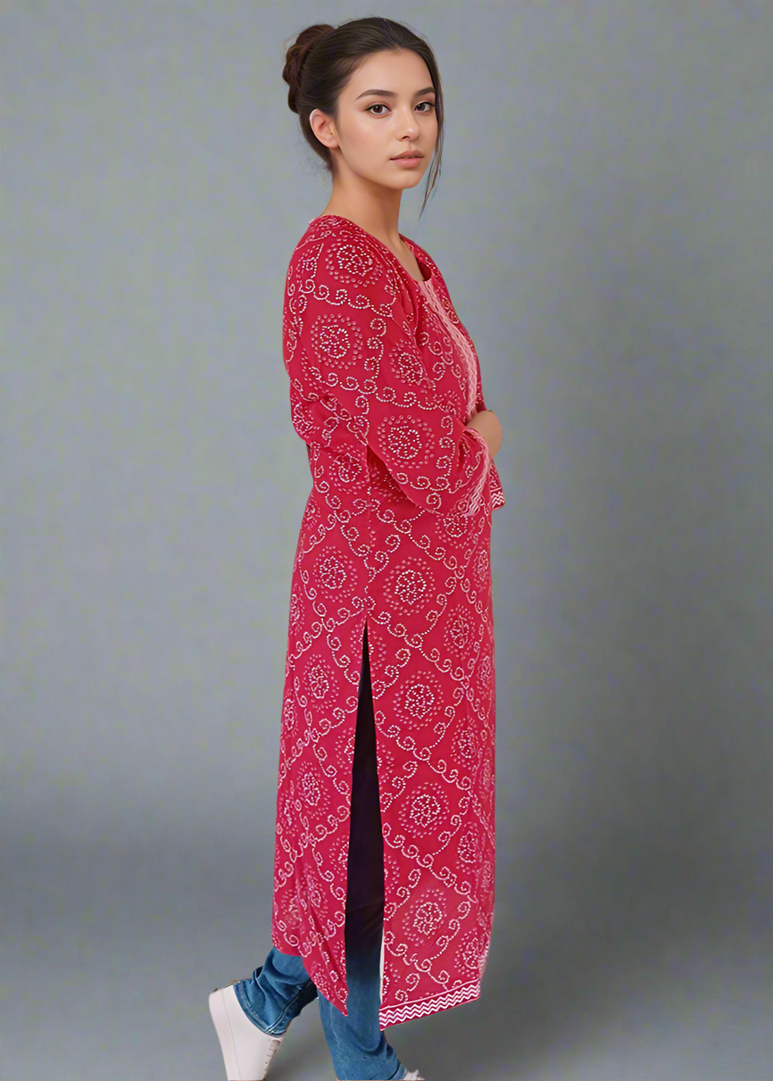 RED BANDHANI COTTON KURTI