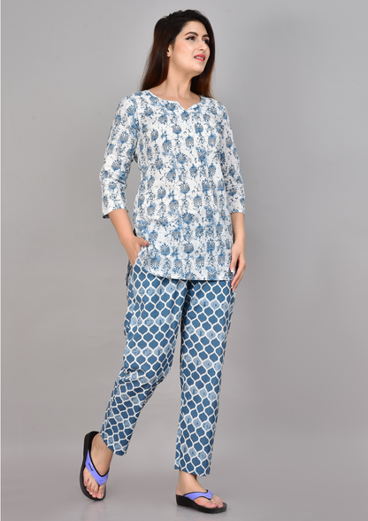 WHITE & BLUE BATIK PRINT COTTON CO-ORD SET