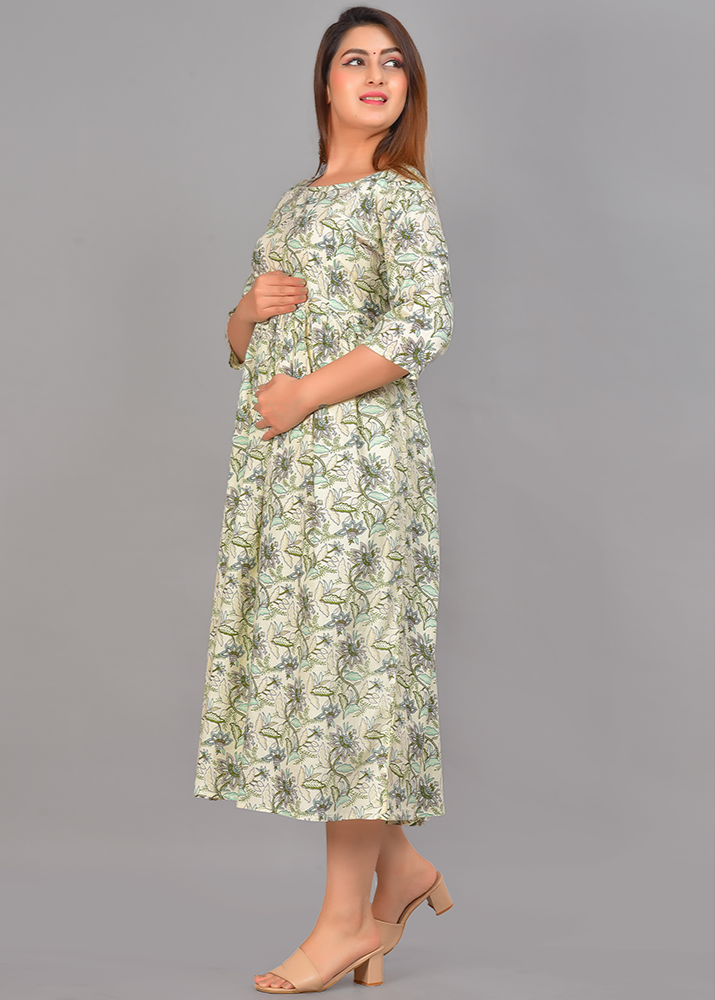 BREATHABLE COTTON OFF-WHITE MATERNITY NURSING DRESS