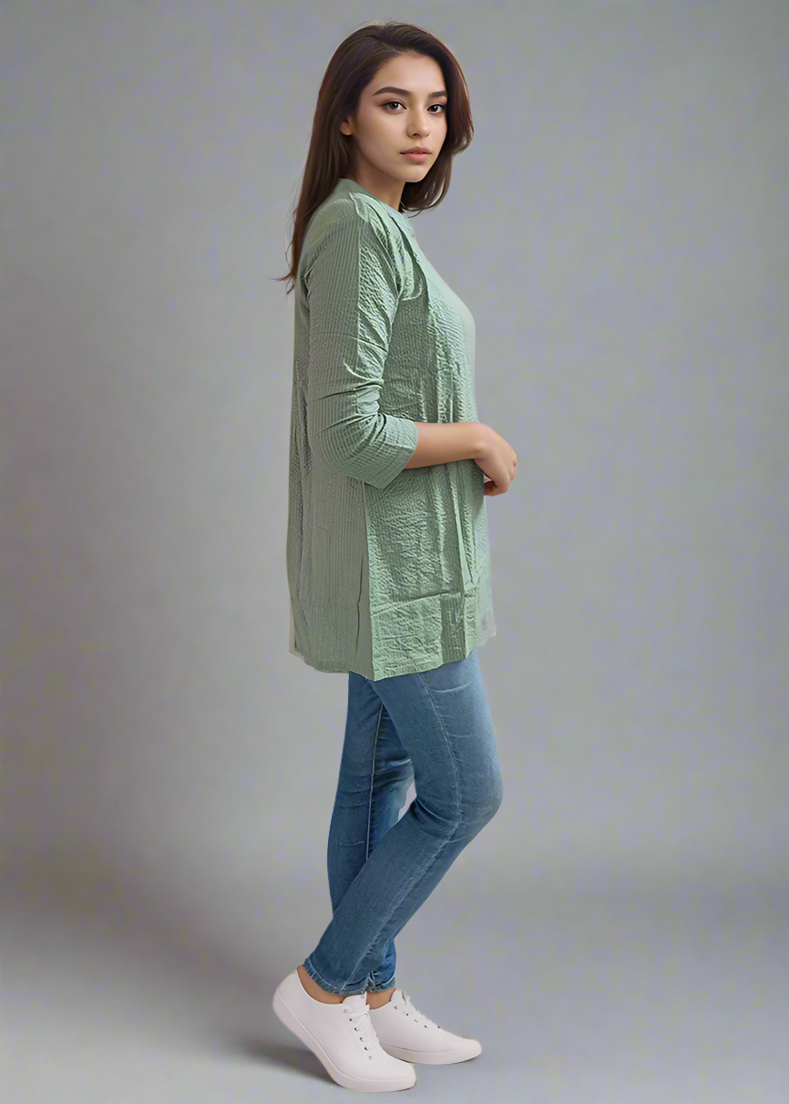 GREEN KANTHA EMBROIDERED COTTON TUNIC KURTI TOP