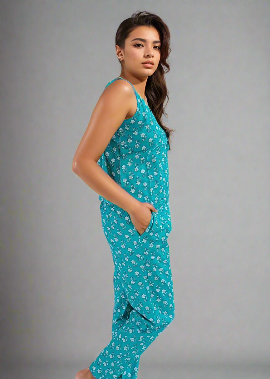 Woman wearing a teal pajama set with white floral pattern on a gray background