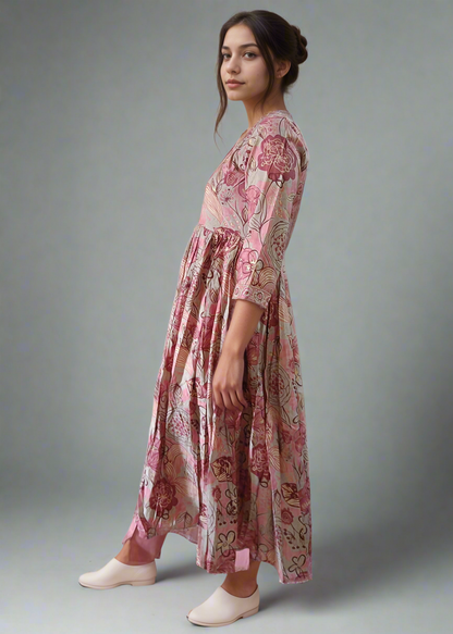 Woman wearing a floral suit set dress with a matching dupatta on a plain background