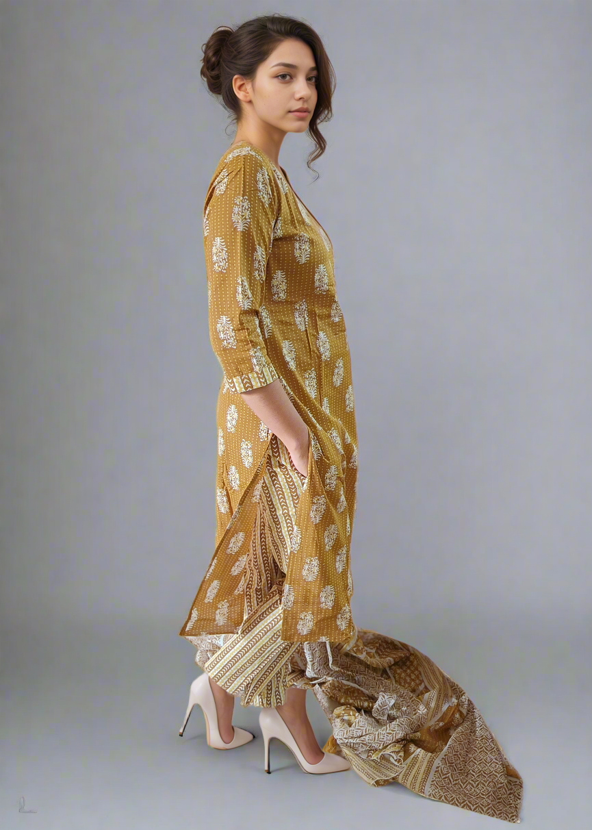 Woman wearing a mustard yellow floral traditional suit with a plain background