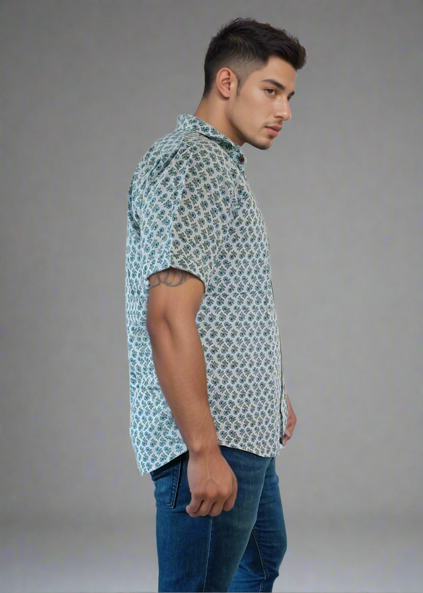 BREEZY BLUE FLORAL MEN’S COTTON SHIRT