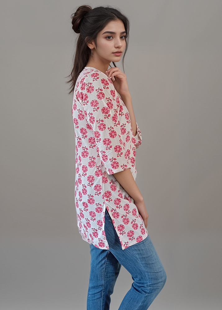 JAIPURI PINK FLORAL COTTON TUNIC KURTI TOP
