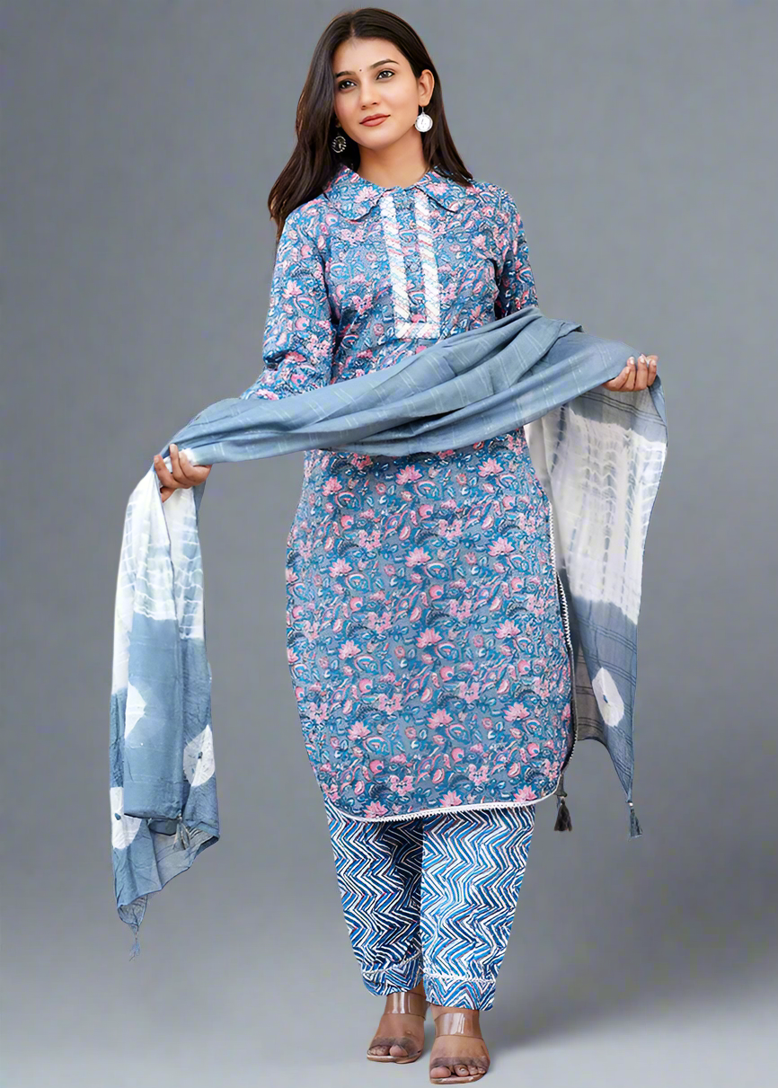 BLUE AFGHANI SHIRT COLLAR COTTON KURTA SET