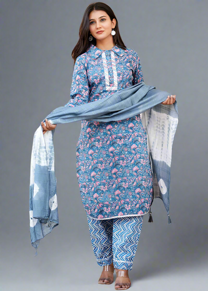 BLUE AFGHANI SHIRT COLLAR COTTON KURTA SET