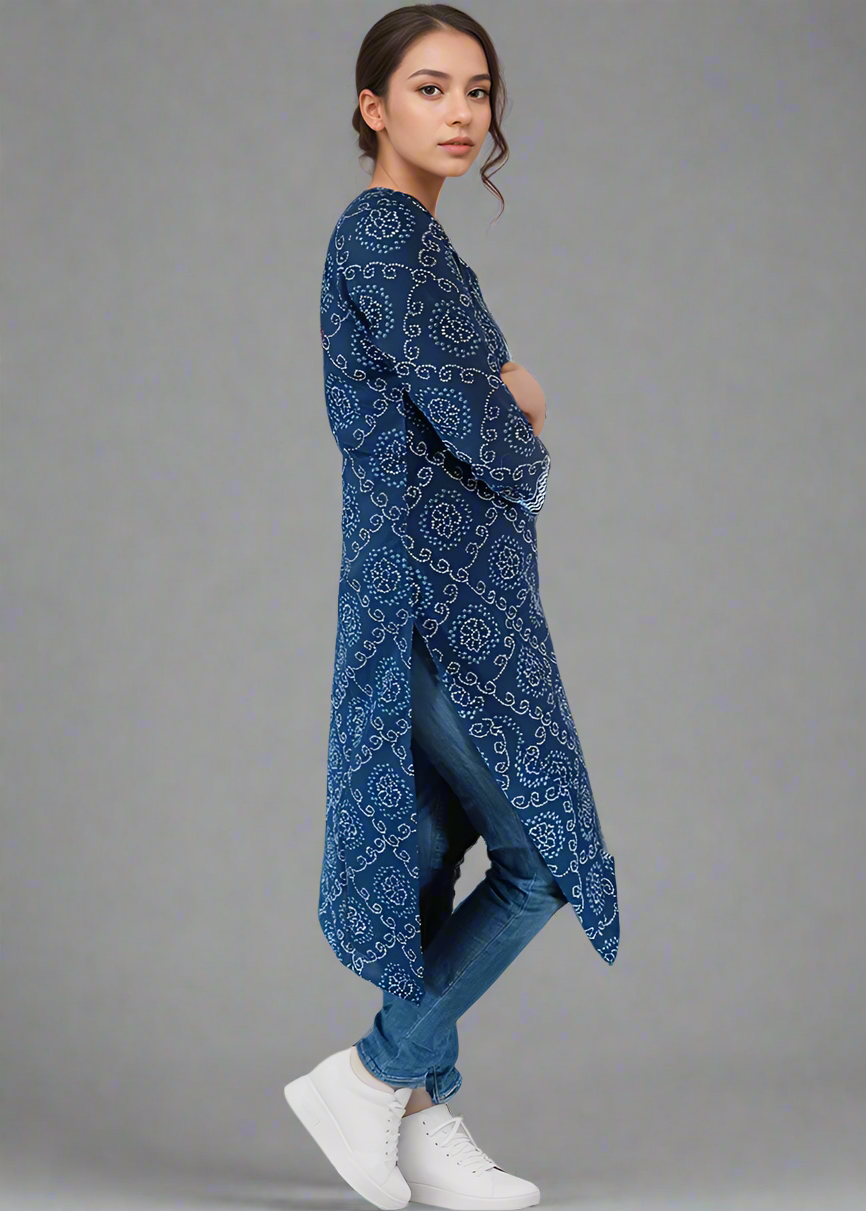 BLUE BANDHANI COTTON KURTI